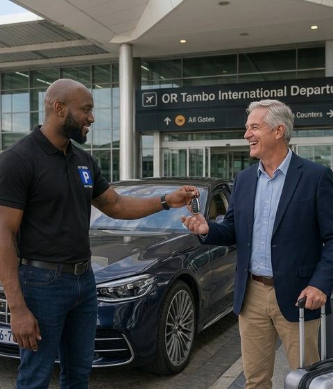 Business traveller paying our valet by card